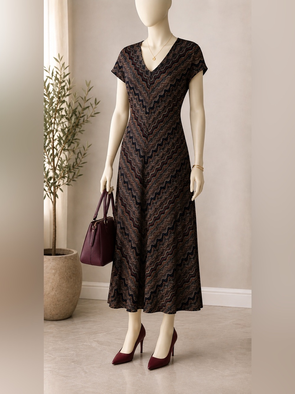 Robbie Bee Black and Brown Chevron Midi Dress